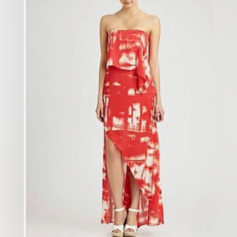 BCBGMAXAZRIA Daniella Women's High Low Tie-Dye Sleeveless Red flowy Maxi Dress 2